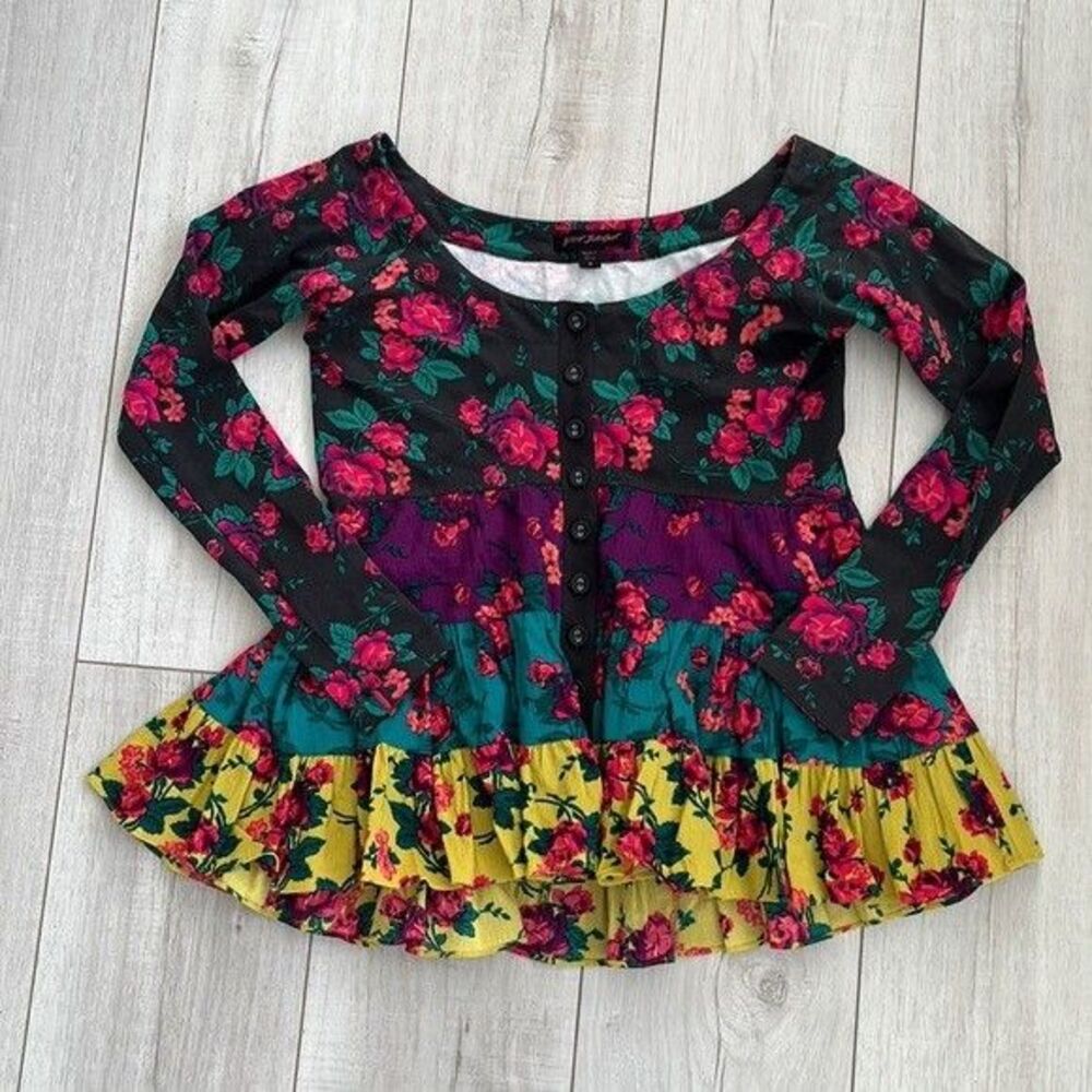 Betsey Johnson Floral Blouse 100% Cotton Button-Down Sz S Maximalist